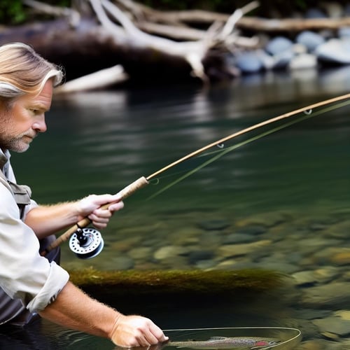 An image of a person fly fishing in a river, carefully observing the water and looking for trout near slower currents, submerged structures, and areas