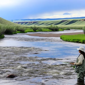 Exploring the Upper Yampa River a fly fisherman standing in a slow moving stream in the Yampa River Valley in the background