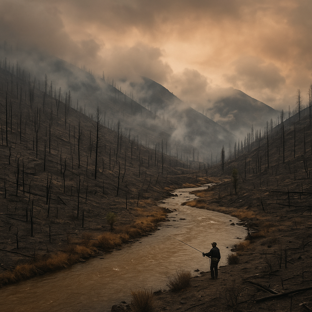 The image depicts a vast charred landscape in Colorado where a recent wildfire has left behind blackened trees and ashen ground In the foreground a river winds through the desolate terrain its waters tinged with a murky brown hue due to sediment and