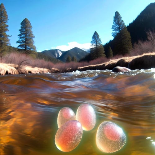 a 4 trout eggs flowing down a river in colorado
