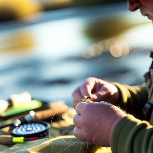 a close up of a fly fisherman tying a san juan worm fly on his lie with the river in the background