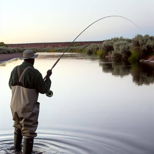 a fly fisherman with his back to the camera casting a fly rod on the Colorado river in the early morning-3