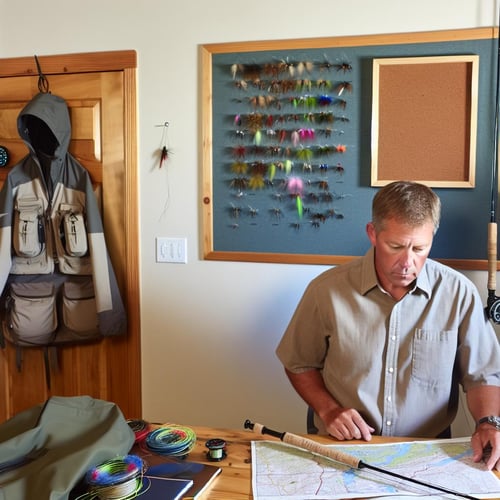 a man planning his fly fishing trip in his home office sourrounded by fly fishing gear