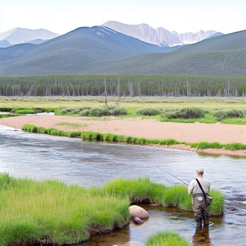 a white man fly fishing off in the distance near South Park Colorado on The Dream Stream section of the South Platte River