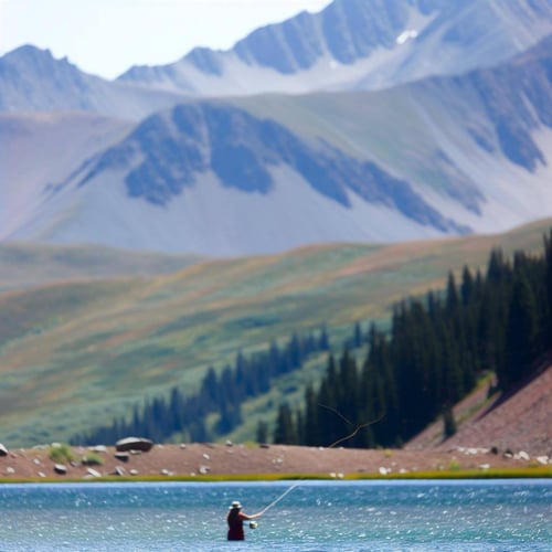 a white woman fly fishing on a high alpine lake in colorado in the San Jaun Mountains
