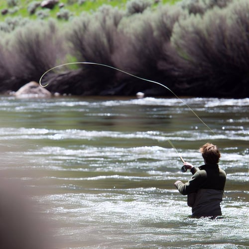 a younger white man fly fishing on the Roaring Fork river off in the distance