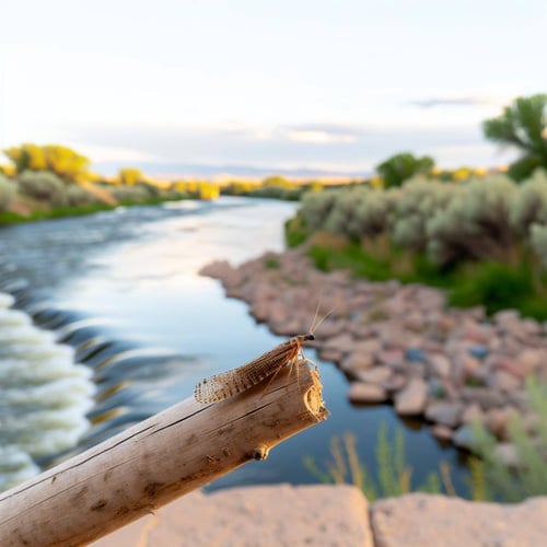 caddis on a stick with the south platte river behind it