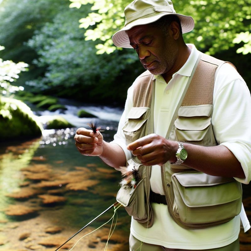 fly fisherman chosing a fly standing on the banks of the river