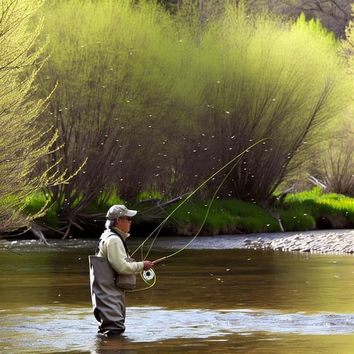 fly fisherman standing in knee deep water casting on the Roaring Fork River with a Mayfly hatch in the background in early summer