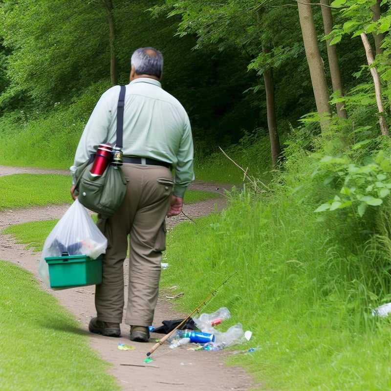 that guy dress like a tourist droping trash out of his bag hiking down a trail with his back to a camera