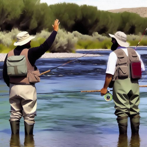 two fly fisherman waving to eachother in a show of respect wading on opposite sides of the river,