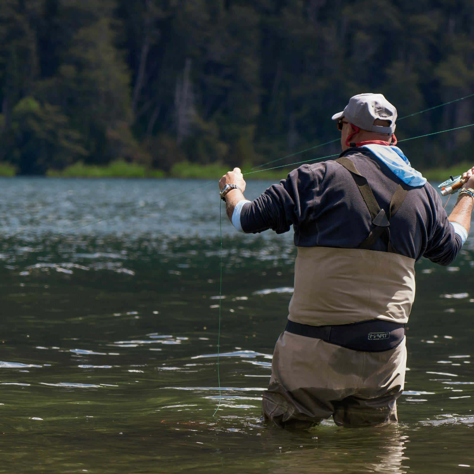 An angler cast out on a small mountain lake on grand mesa. Fly fishing lakes near grand junction colorado