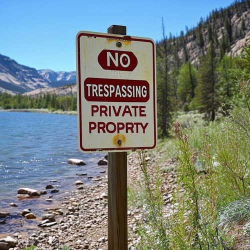 Sign reading No Trespassing Private Property near a Colorado fishing spot