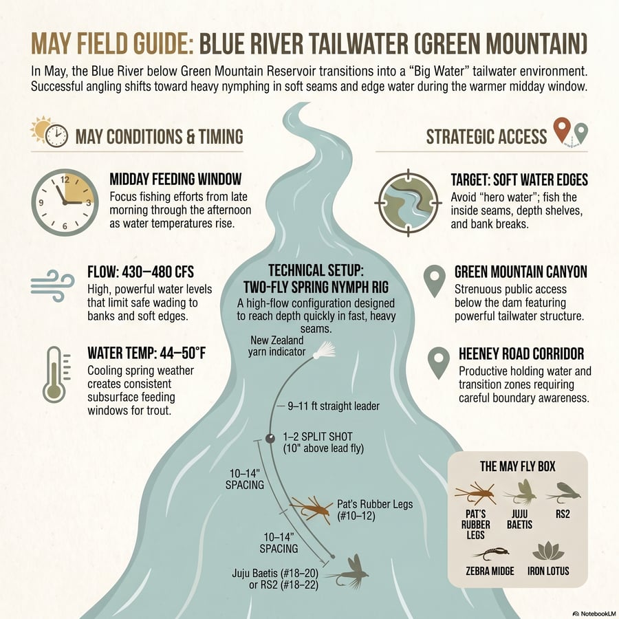 The provided fishing report for May 2026 details current conditions on the Blue River below Green Mountain Reservoir, highlighting a period of high water flows that demand technical expertise.