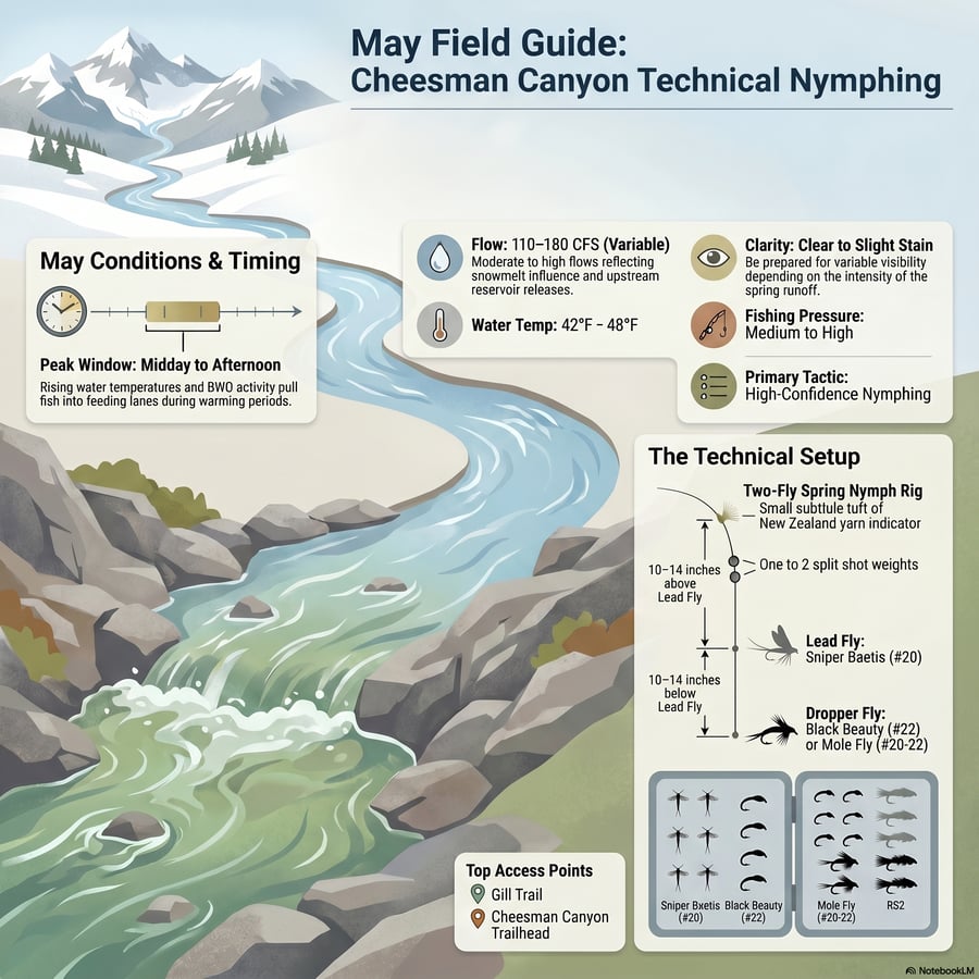 The provided reports offer a comprehensive technical guide for fly fishing in Cheesman Canyon during the spring of 2026. Both sources emphasize that while fish activity increases from April to May, the river remains an unforgiving environment requiring extreme precision and stealth.