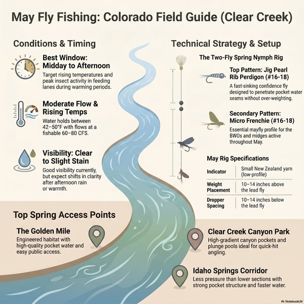 The guide identifies essential fly patterns like the Frenchie and Juju Baetis while suggesting that early morning sessions provide the best clarity and wading conditions. Specific regional data covers prime locations from the Golden Canyon to Idaho Spring.