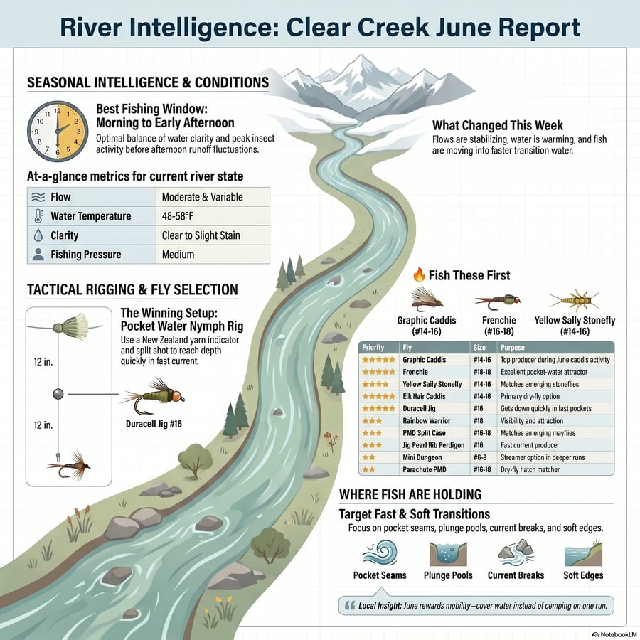 hese reports detail the current state of angling on Clear Creek during May, noting that while fishing is productive, the pre-runoff window is rapidly closing. Anglers are encouraged to visit Golden and the canyon stretches during the morning and early afternoon