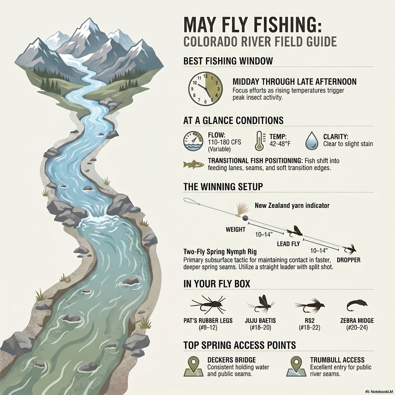 These reports provide detailed seasonal guidance for fly fishing the South Platte River at Deckers during the spring of 2026. The April update describes a highly technical environment where anglers must focus on deep, stable flows and subtle midge patterns during brief midday windows.