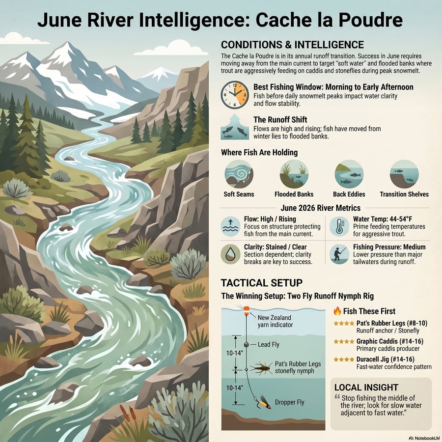 These reports provide a comprehensive overview of fly fishing conditions on the Cache la Poudre River from early spring through the pre-runoff period of May 2026. Early guides emphasize technical, subsurface nymphing with small midge