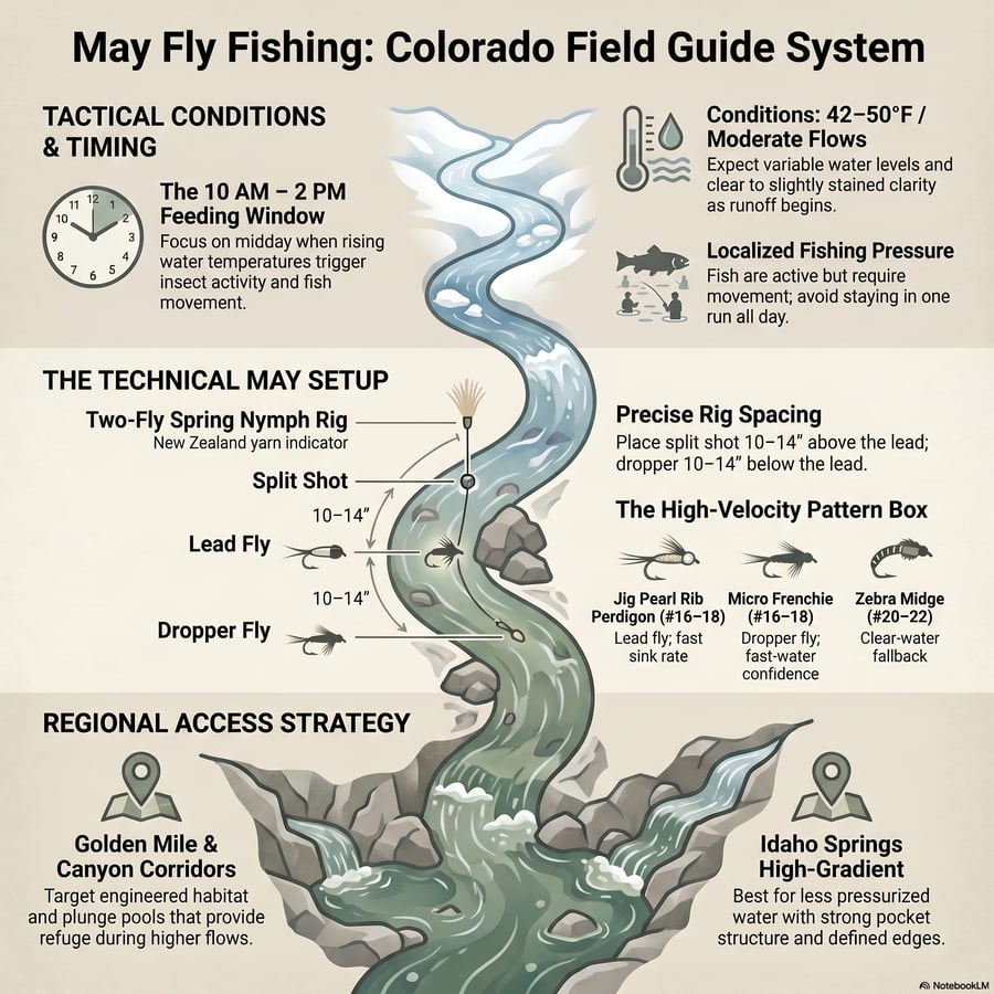 ay 1, 2026
These May 2026 fishing reports provide a comprehensive guide for anglers visiting Clear Creek during the volatile pre-runoff season. The documentation details shifting river conditions, noting that rising water levels and increasing turbidity require fishers to adapt their tactics daily.
