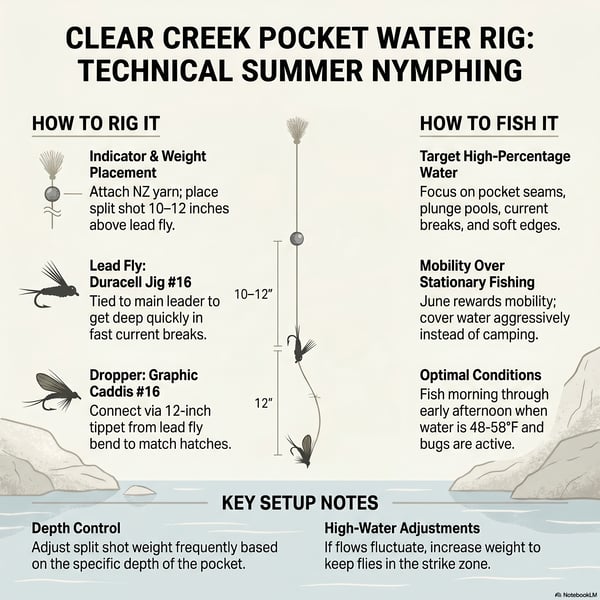 Technical advice focuses on pocket-water nymphing and dry-dropper rigs, emphasizing the need for quick, controlled drifts as water levels and clarity fluctuate. The guides highlight specific fly patterns such as the Frenchie and Juju Baetis,