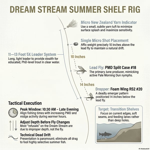 he Dream Stream and Deckers. The documentation outlines a transition from technical late-winter nymphing in April to volatile, flow-dependent conditions in May, culminating in aggressive early-summer feeding patterns by June