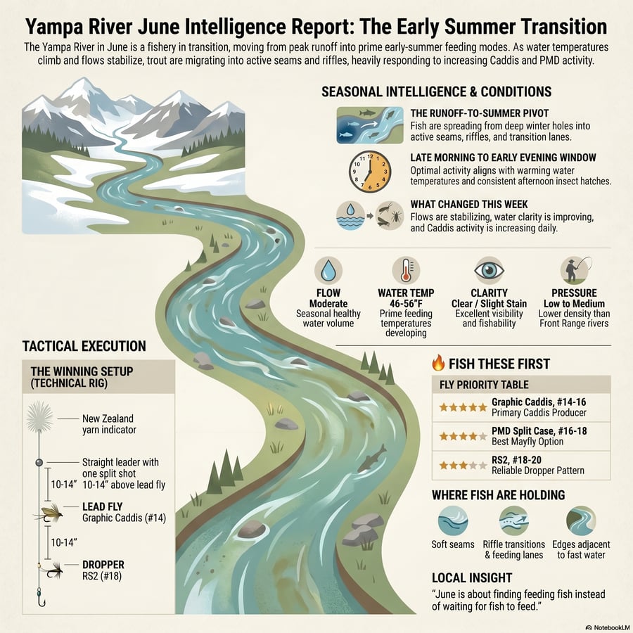 These fishing reports provide a comprehensive guide for angling on the Yampa River during the spring transition of April and May 2026. The text details a specific pre-runoff window where water levels are lower than average but remain highly productive for those focusing on open public sections like downtown Steamboat and Chuck Lewis.