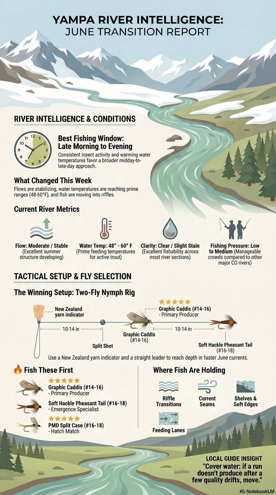 These reports provide a comprehensive overview of fly fishing conditions on the Yampa River throughout the spring and early summer of 2026. The guides emphasize a shifting seasonal strategy, moving from technical nymphing for midges and baetis in April to active caddis and PMD hatches by June.