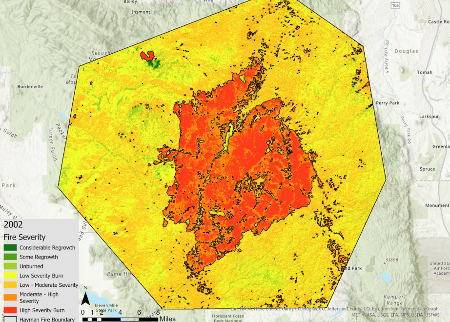 The map above was just a month after the fire had occurred. It is very obvious that the fire was a high to moderate - high severity fire. During that year, there was a fire ban in place meaning that there were dough conditions. That can be seen in the area around the fire being shown in low severity burn. It does not mean that the fire burn those areas, the vegetation was just very dry and was picked up as drown and dead. 2003