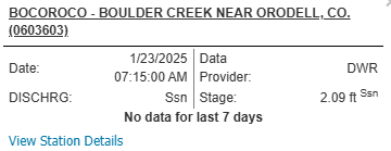 Station Name	BOULDER CREEK NEAR ORODELL, CO. (BOCOROCO) Station Type	Stream