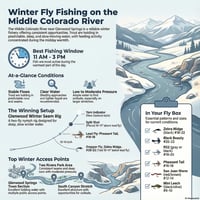 The lower Colorado River near Grand Junction is clear, quiet, and technical. Desert winter conditions create strong light contrast, pushing trout into deeper inside bends and slow-moving winter lanes. Fish are feeding, but presentations must be clean and patient.