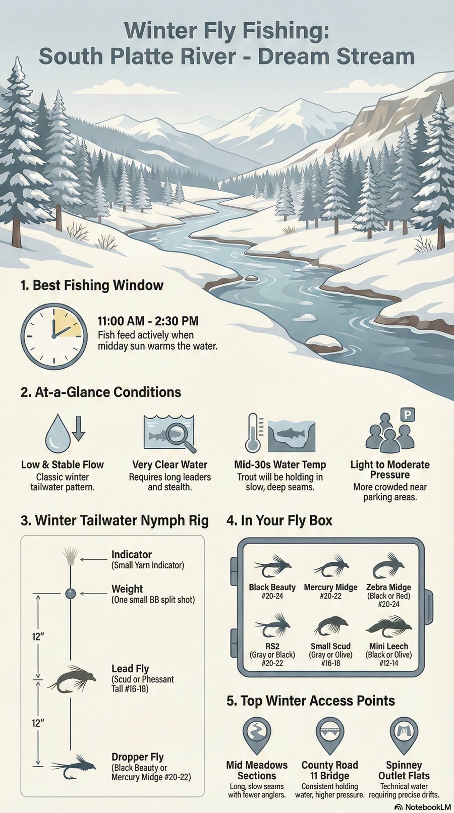 dream stream fly fishing conditions on the sout platte river near fairplay colorado for 1/12/25