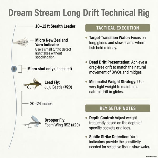 Anglers are encouraged to focus on midday windows using specific patterns like the Juju Baetis and Top Secret Midge to target trout in deep runs and transition zones. While hatch activity for Blue Winged Olives increases as spring progress