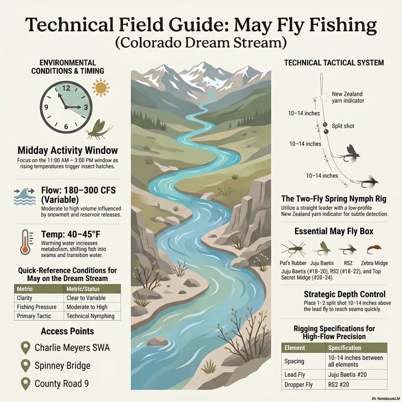 The provided sources offer a detailed fishing guide for the South Platte River's Dream Stream during April and May 2026. These reports highlight a technical environment where success depends on precise nymphing and adapting to fluctuating water levels caused by reservoir releases.