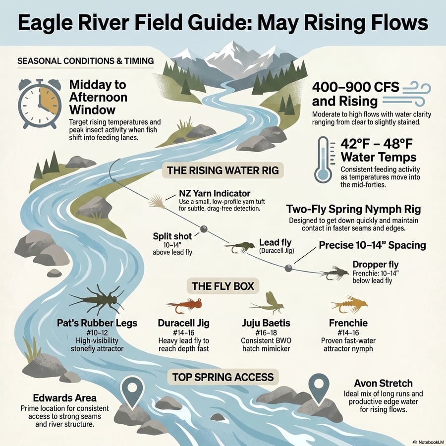This report provides a seasonal update for anglers on the Eagle River, highlighting a brief but productive fishing window occurring before the annual spring runoff. Cur