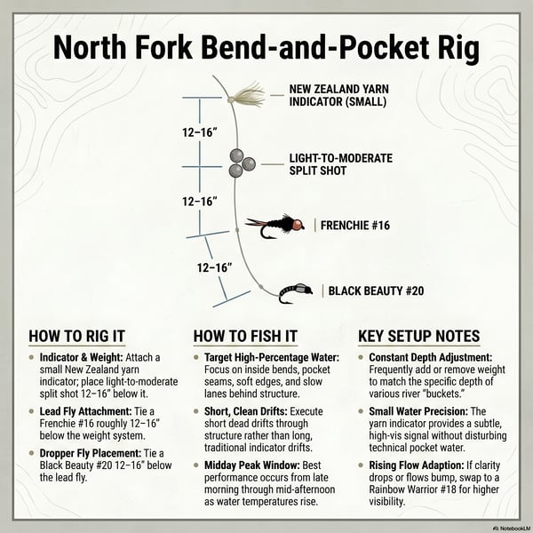 The guide emphasizes using stonefly nymphs, midges, and baetis imitations, specifically recommending a two-fly nymphing rig for the best results during the midday window.