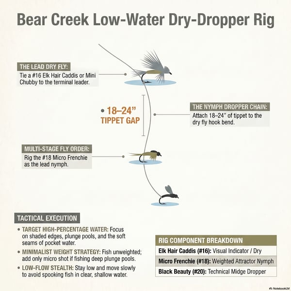 using lightweight nymphing rigs or dry-dropper setups with small patterns like the Micro Frenchie and Black Beauty to avoid spooking fish in the clear conditions. Beyond gear recommendations, the source outlines optimal fishing times and specific access