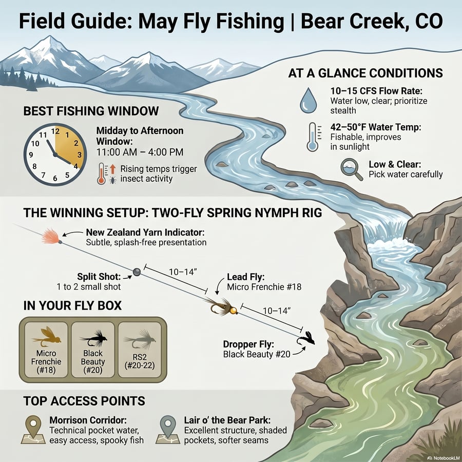 This report provides a technical guide for anglers navigating the unusually low water levels at Bear Creek during May 2026.