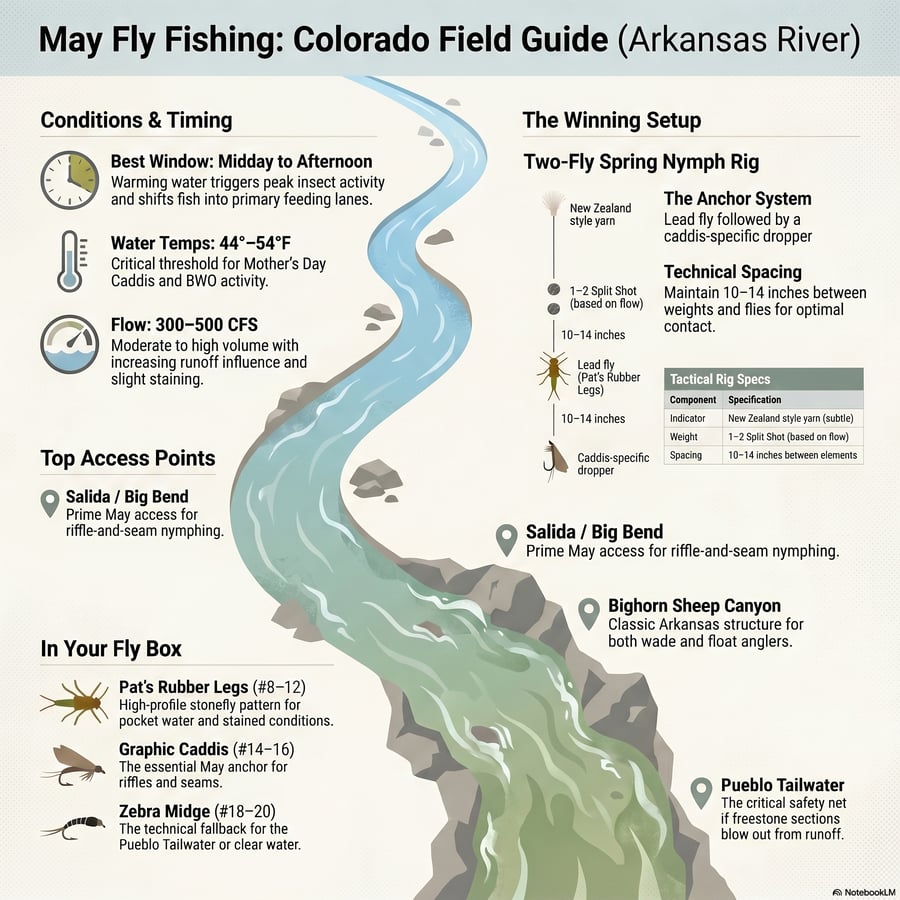 This angling report provides a comprehensive guide for fishing the Arkansas River during the month of May. It highlights the current caddis and mayfly hatches while advising anglers on how to navigate the challenges of spring snowmelt and rising water levels.