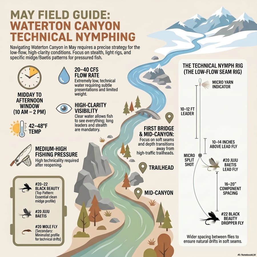 May 2026 Waterton Canyon fishing report . The canyon is fully reopened and fishing is improving . Discover current river conditions, dominant BWO and Midge hatches , and the best technical nymphing rigs for this South Platte tailwater .