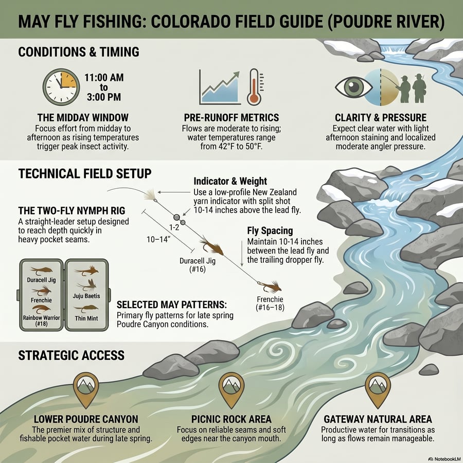 Mar 19, 2026
These guides provide a seasonal roadmap for fly fishing the Cache la Poudre River from early spring through the onset of runoff. In March and April, anglers should focus on lower elevations during midday warming windows, utilizing small midge and baetis patterns in slower pocket water.