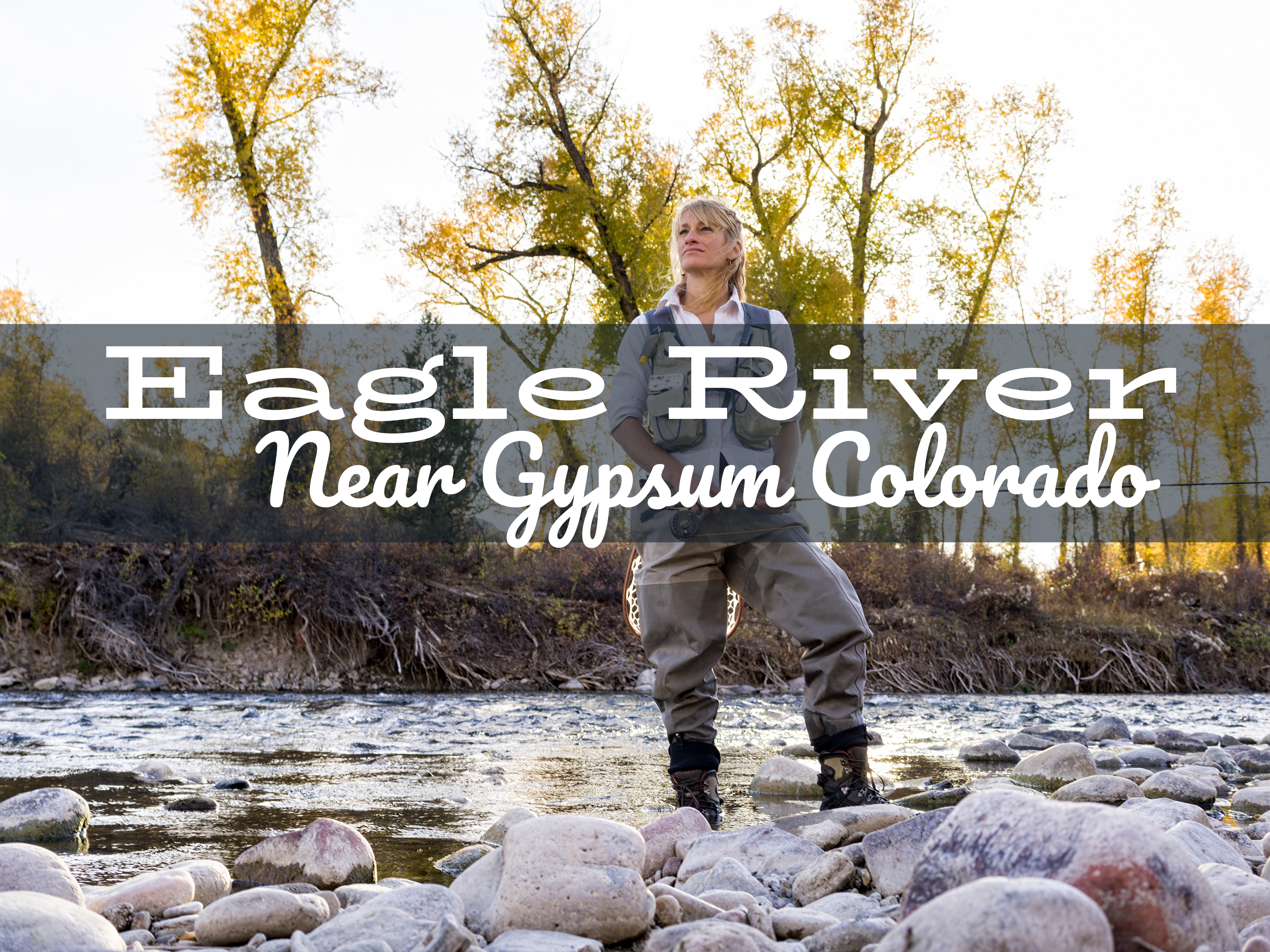 Fly angler casting on the Eagle River near Vail with autumn trees and clear water in the background.