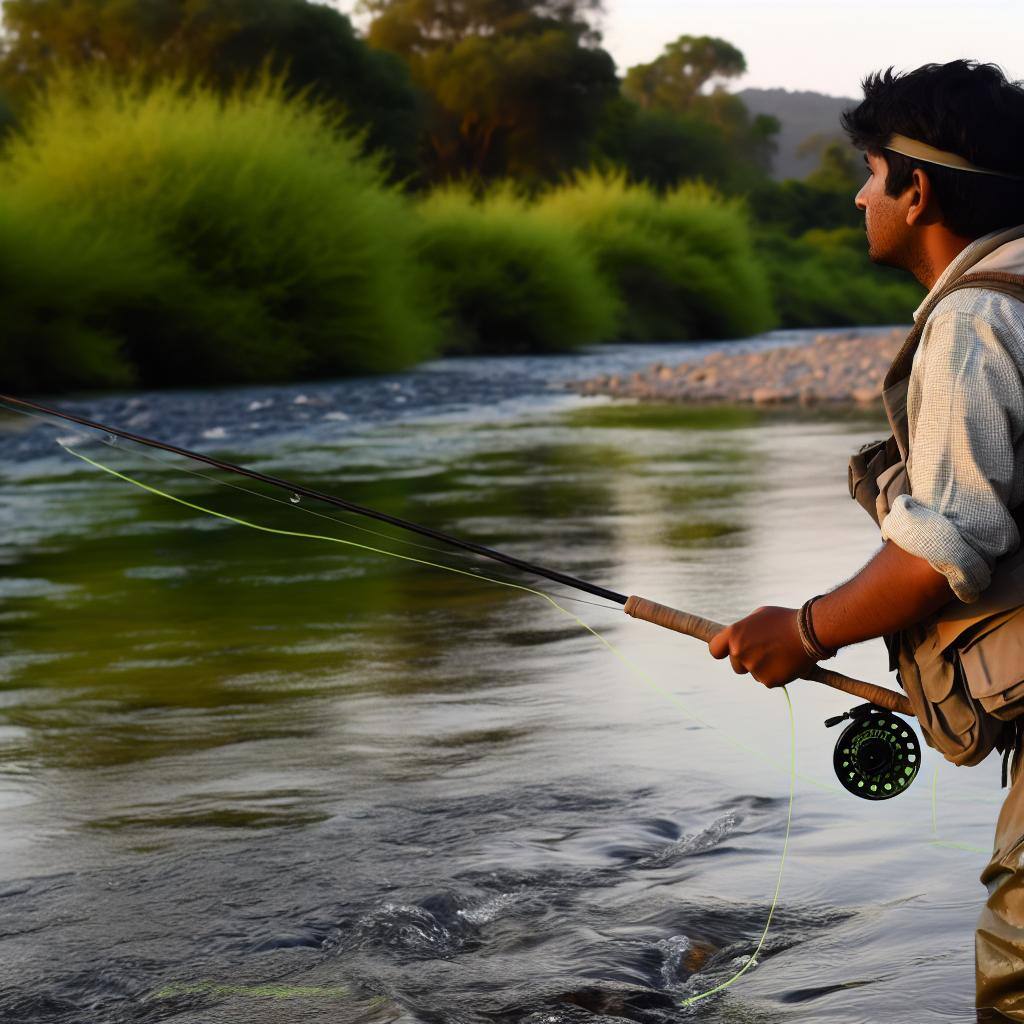 An image of a fly fisherman observing the water for signs of a caddis hatch, matching the size and color of the caddisflies with a fly pattern, and patiently adjusting presentation techniques.