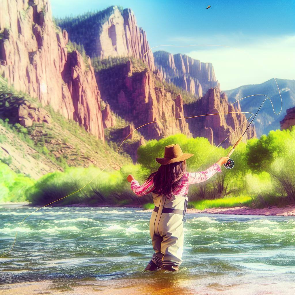 An image of a fly fisherman casting a streamer across the Colorado River, with a variety of streamer patterns in different sizes and colors in a fly box next to him.