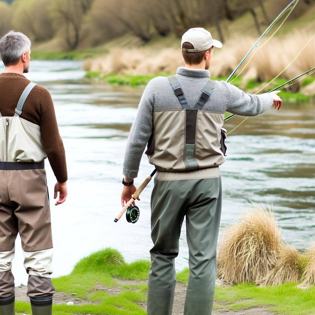 Benefits of Booking a Guided Fly Fishing Trip. Show two white men on a river with their backs to the camera. They are standing at the rivers edge. One man is pointing at a grass bank on the opposite side of the river. Both are dressed in modern fly fishing gear and holding fly rods. 