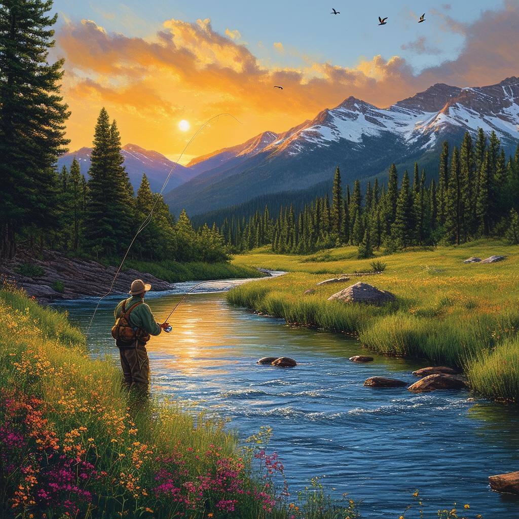 The image depicts a serene Colorado landscape, showcasing a crystal-clear river winding through lush green meadows and towering pine trees. In the foreground, a fly fisherman stands knee-deep in the water, casting his line with a focused expression. The sun is setting in the background, casting warm golden hues across the sky, while distant mountains are dusted with snow. Along the riverbank, a variety of colorful wildflowers bloom, adding splashes of color to the scene. A few birds can be seen soaring above, and the gentle ripples of the water create a soothing ambiance. The overall atmosphere is peaceful and inviting, capturing the essence of a perfect fly fishing day in Colorado.