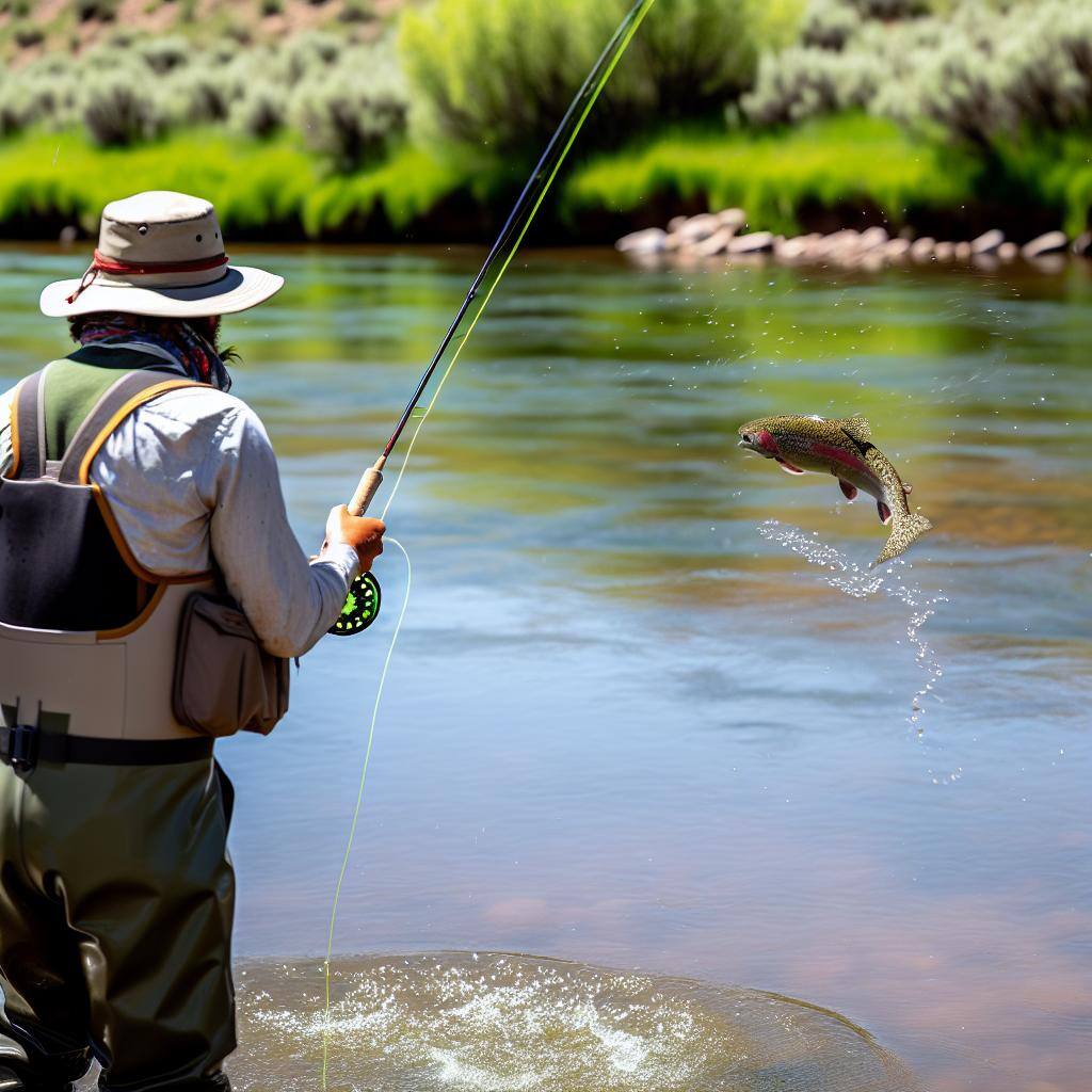 a fly fisherman with his back to the camera reeling in a jumping rainbow trout on the colorado river. 