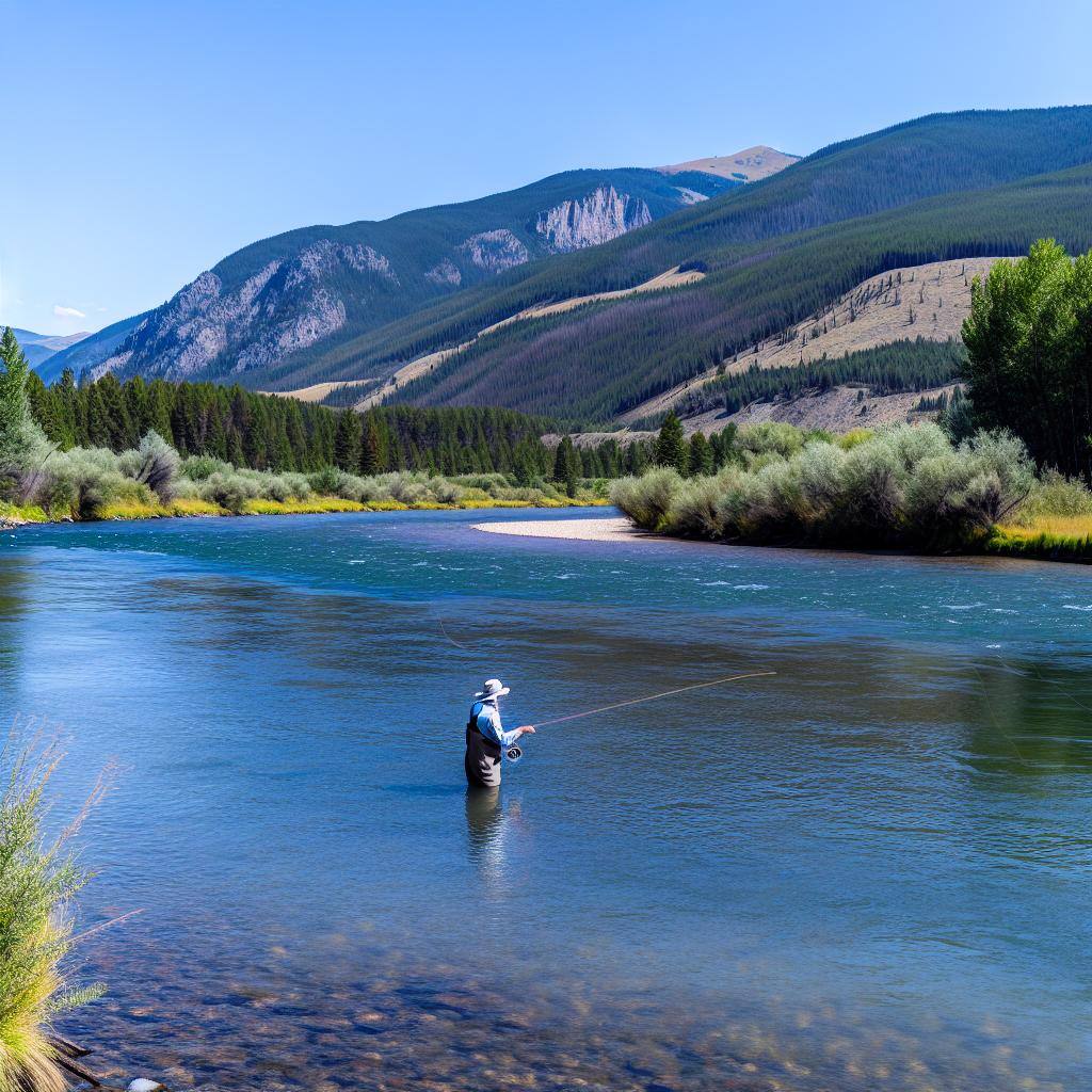 two men on a fly fishing boat together. One is oaring the boat and the other is standing on the bow fly fishing. The boat is off in the distance floating down the colorado river. 