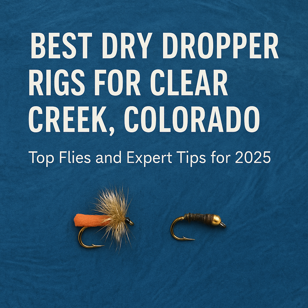 Best Dry Dropper Rigs for Clear Creek, Colorado” and subtitle “Top Flies and Expert Tips for 2025” over a textured blue background, with two fishing flies—a dry fly with orange dubbing and a gold-beadhead nymph—displayed below the text.
