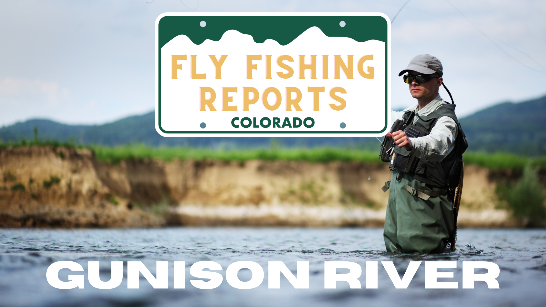 An angler fly fishing on the Gunnison River, casting a line in clear water with a mountainous backdrop